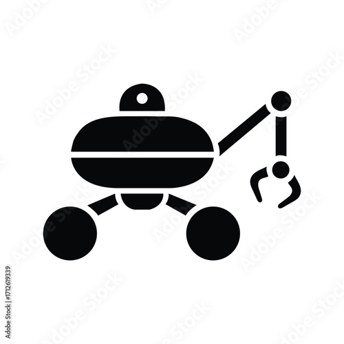 Black robotic rover moves carefully on three wheels with a robotic arm against white background