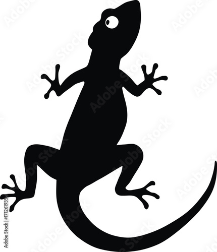 Gecko Lizard Silhouette Vector — Black Stylized Illustration of Climbing Reptile with Curved Tail and Adhesive Toe Pads