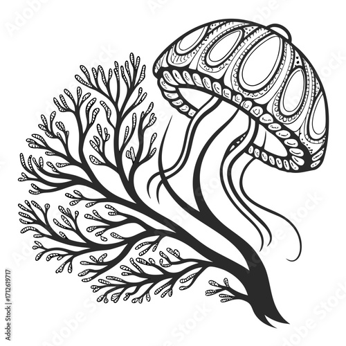 Vector art of stylized black and white illustration of a jellyfish and seaweed