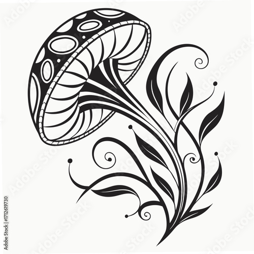 Vector art of stylized black and white illustration of a mushroom and plant