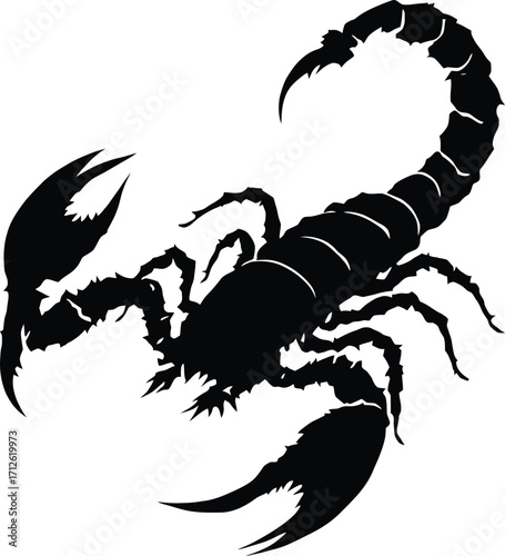 Scorpion Silhouette Vector — Black and White Illustration of Stylized Scorpion with Curved Tail, Pincers, and Bold Graphic Form