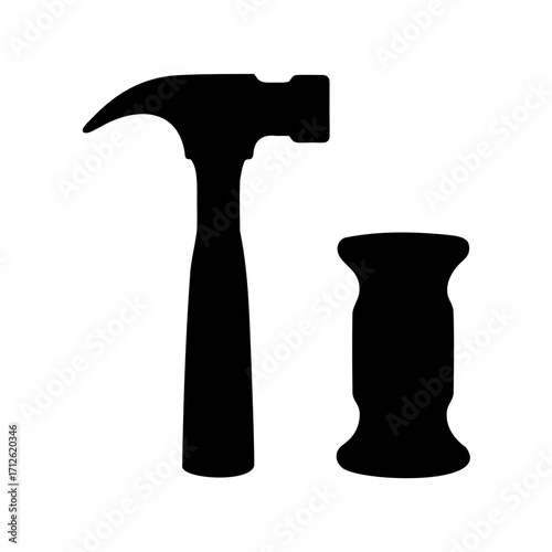 Isolated silhouette of a claw hammer and a wood block for hammering