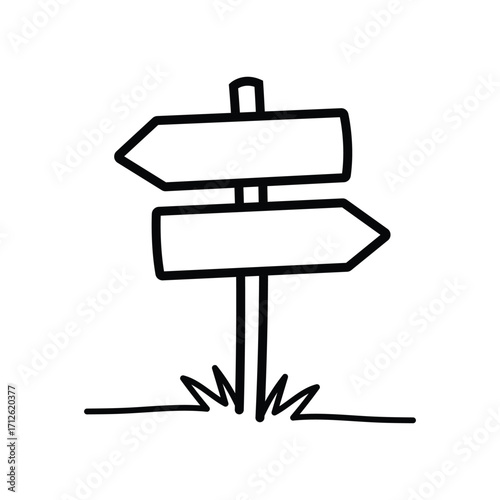 Hand drawn black direction sign featuring two blank arrows over grass stands still