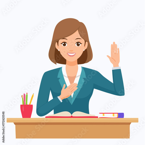 Professional woman taking an oath, placing her hand on a book at a desk with stationery and a binder, symbolizing honesty and commitment in a workplace or academic setting