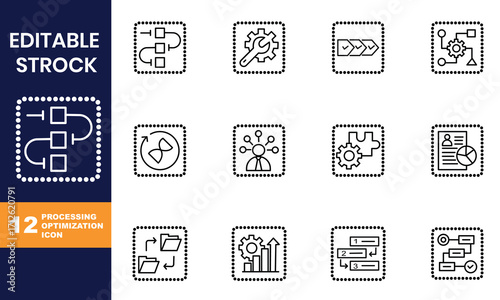 Vector art of editable stroke icons depicting process management, workflow automation, and business optimization