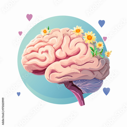 Vibrant Illustration Symbolizing Mental Well-being and Cognitive Growth, Featuring a Healthy Brain Blossoming with Flowers for Emotional Balance and Positive Thinking