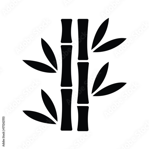 Two bamboo stalks display elegant foliage in a simple black and white silhouette on white background