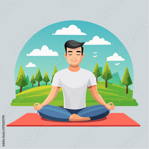 Man meditating peacefully outdoors in a serene natural setting with lush green trees and a bright blue sky with clouds