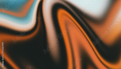 Abstract flowing liquid texture with vibrant orange and blue colors and subtle grain