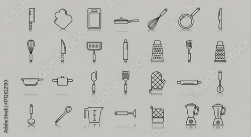 Collection of kitchen utensils, featuring various cooking tools and equipment for food preparation and culinary activities