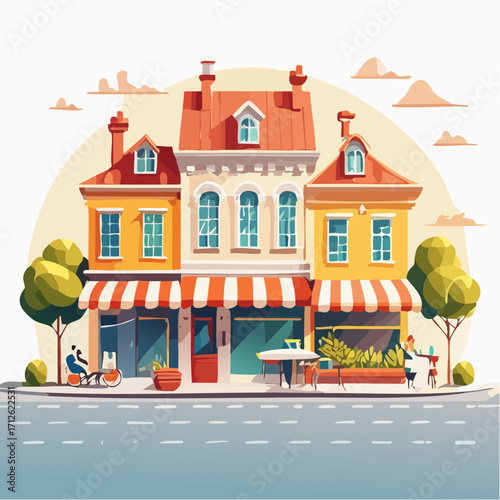 Charming illustration of a street with buildings, cafes and people enjoying leisure time