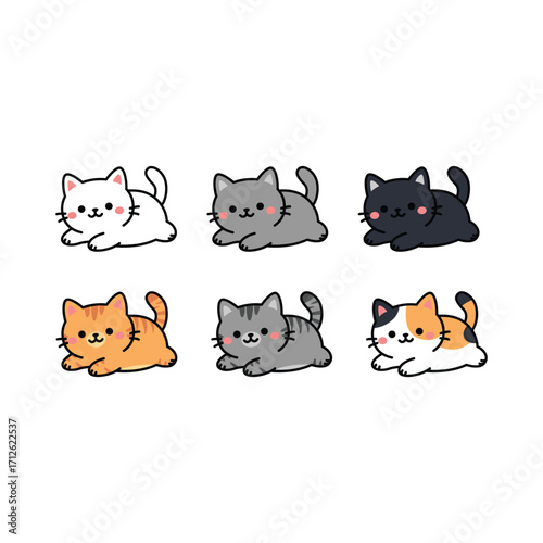 Cute kawaii cat lying down collection, vector illustration