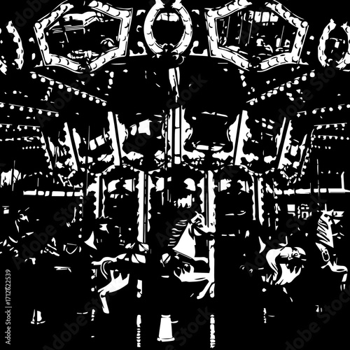 Stylized black and white graphic illustration of a vintage fairground carousel with ornate horses and illuminated mirrors.