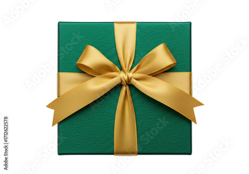 Foto Isolated festive green gift box tied with a gold ribbon and bow, anniversary pre