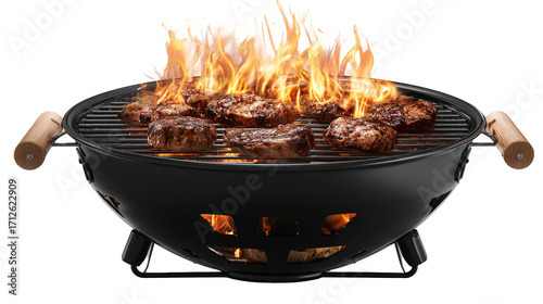 Traditional Wood-Fired BBQ Grill with Juicy Steaks Cooking Over Open Flames