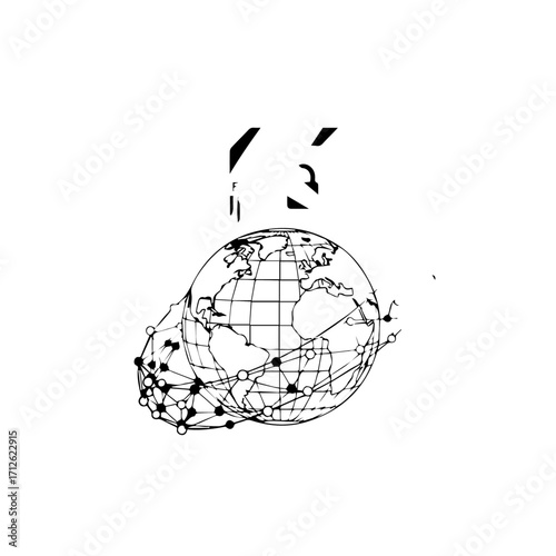 Stylized black and white illustration of a global network with nodes and connections enveloping Planet Earth.