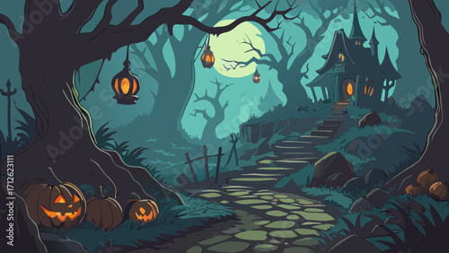Haunted Halloween House Background with Spooky Forest and Pumpkins
