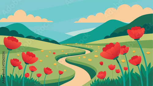 A the poppies a gentle stream runs through the fields adding a touch of tranquility to the vibrant landscape.