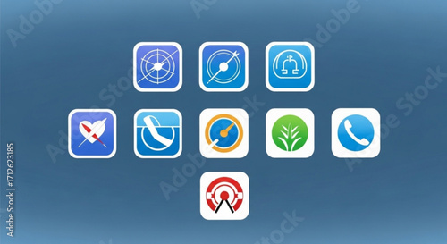 Collection of app icons with compass, heart, phone, speedometer, leaf, and location symbols on a blue background for mobile applications and user interfaces