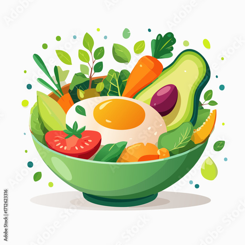 Vibrant Bowl of Healthy Food Fresh Vegetables, Egg, and Avocado Illustration