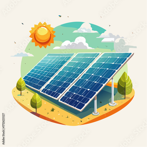 Eco-friendly concept of renewable power generation with solar panels in a sunny landscape. Vector illustration of green energy and sustainability