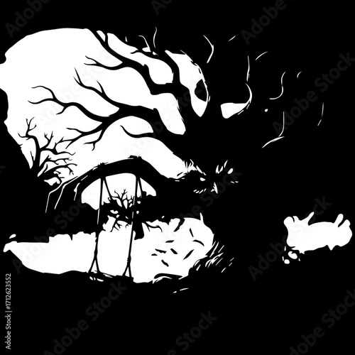 Stylized Black and White Landscape with Trees, Swing, and Abstract Shapes
