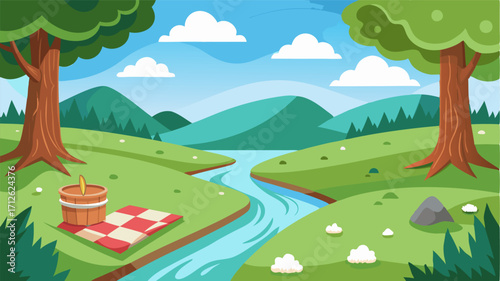 A picturesque meadow with a bubbling creek running through it offering a serene setting for a picnic complete with a checkered blanket and woven basket.