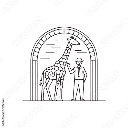 Black and White Giraffe and Zookeeper Line Art