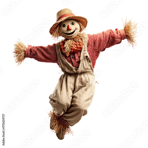 Cheerful scarecrow decoration for autumn harvest festivities, isolated on transparent cutout background