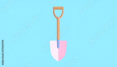 Cute Pink Shovel with Wooden Handle on Pastel Blue Background