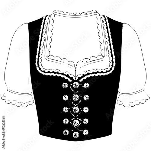 Traditional Bavarian Dirndl Bodice and Blouse Illustration with Decorative Lacing and Ruffled Details