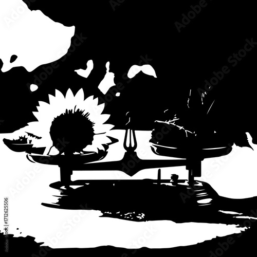 Vintage Black and White Illustration of Sunflowers and Food on a Scale