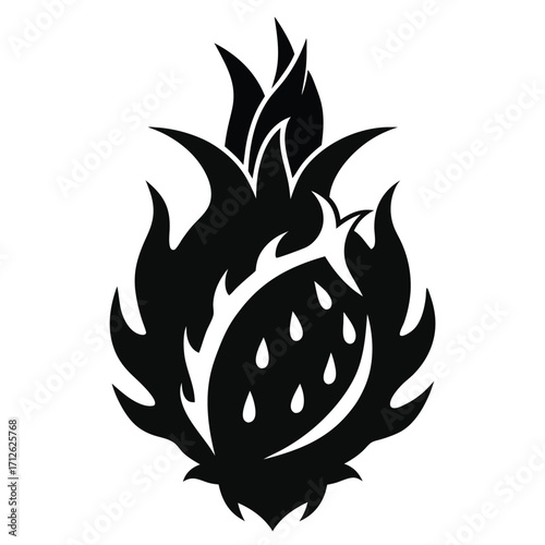 Black and White Dragon Fruit Silhouette with Spiky Leaves Illustration