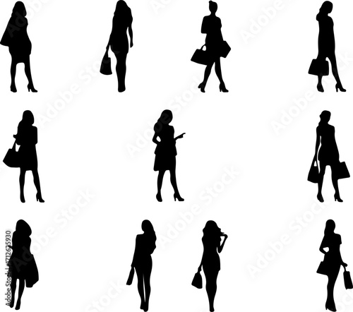 Collection of Women Posing with Shopping Bags in Black Silhouette Style This image showcases