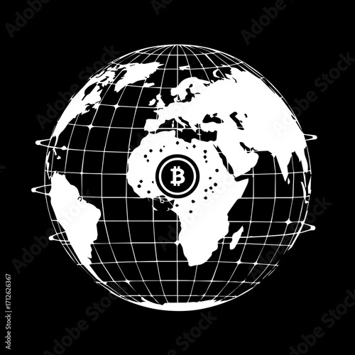 White World Globe with Bitcoin Symbol and Grid Lines Illustration
