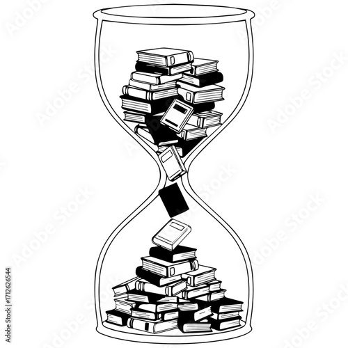 A black and white line art illustration of an hourglass with books falling through instead of sand.