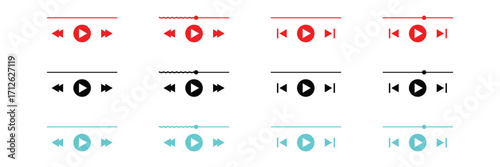 Music play pause rewind forward skip progress control multimedia interface buttons collection flat minimal modern navigation symbol icon vector illustration.