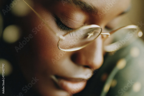 Sanftes Close-up Porträt einer Frau mit Brille und geschlossenen Augen, generative AI Illustration