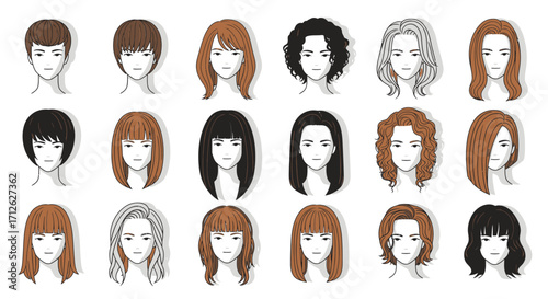 Collection of diverse female hairstyles on white background style trendy hair