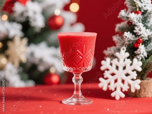 Red holiday cocktail in a crystal glass on a festive table with Christmas decorations