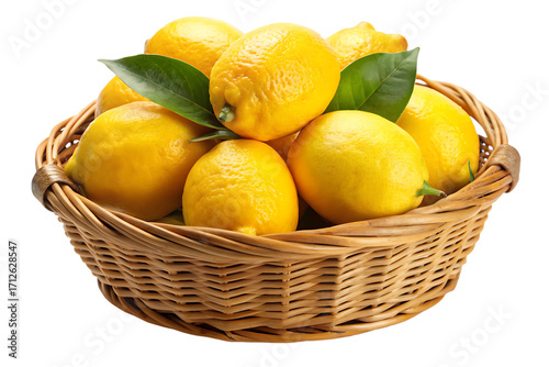  lemons in the rattan basket isolated on white background ,PNG. AI Generated
