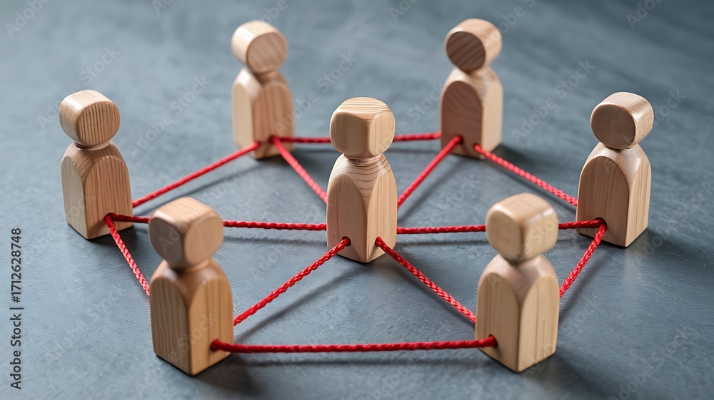 Obraz premium Abstract representation of a group of wooden figures connected by red strings forming a circle symbolizing teamwork and unity