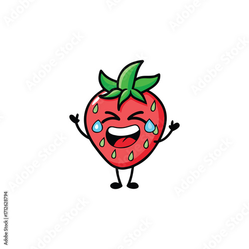 Cute cartoon strawberry character laughing with tears of joy