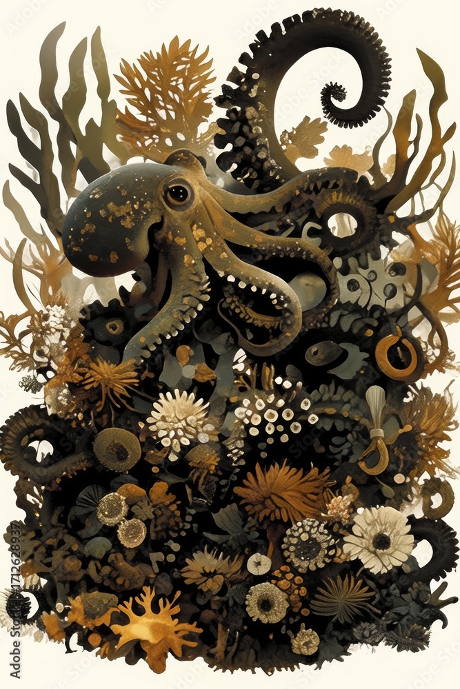 Fototapeta premium illustration of animal in vintage boho style. octopus on background of plants and flowers. botanical drawing style. Postcard. notebook cover, print concept. scrapbooking wallpapers. digital art