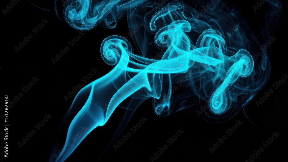 Fototapeta premium Abstract swirls of vibrant turquoise smoke against a black backdrop