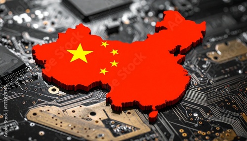 China map with flag on circuit board, symbolizing tech power and national innovation.