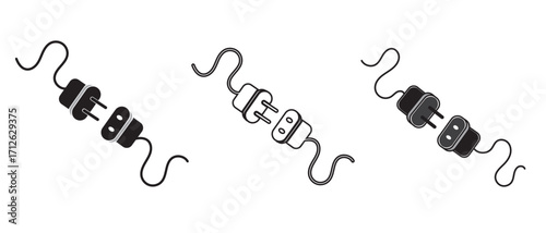 Electric socket with a plug icon set isolated on white background. Connection and disconnection symbol. Electric plug and outlet socket unplugged. Concept of 404 error connection. Vector illustration.