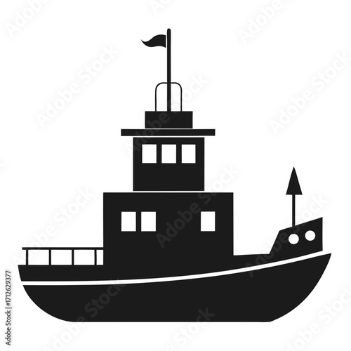 Silhouette of a Commercial Fishing Boat or Tugboat on White Background