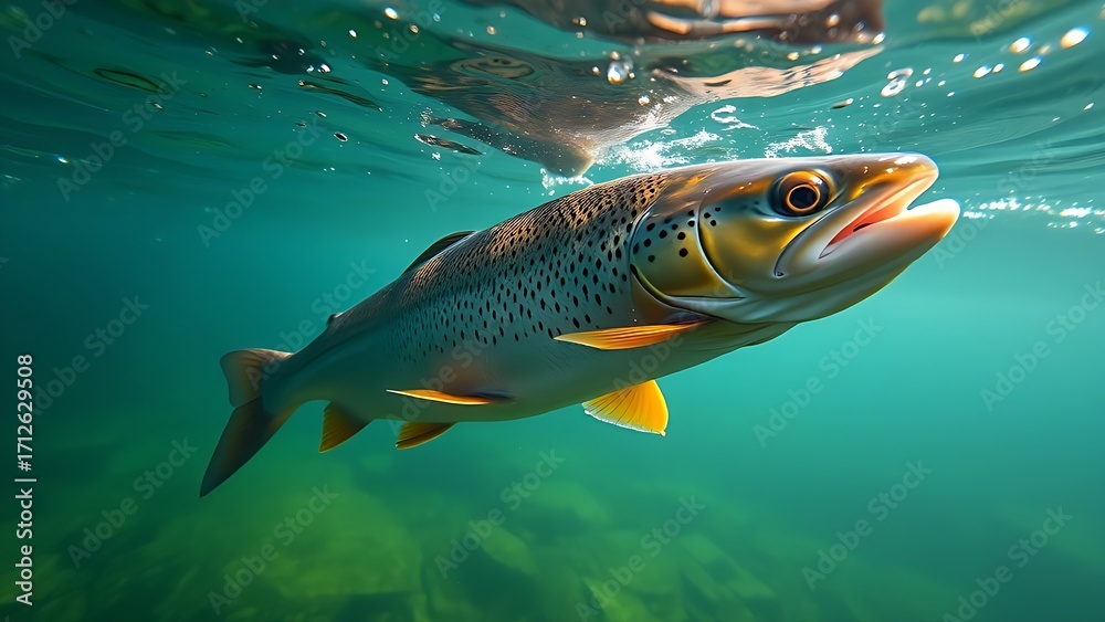 Naklejka premium Underwater view of trout swimming in clear stream, showcasing tranquil aquatic scenery.
