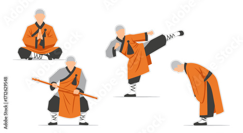Shaolin Monk Poses Martial Arts Training Flat Vector Illustrations Set